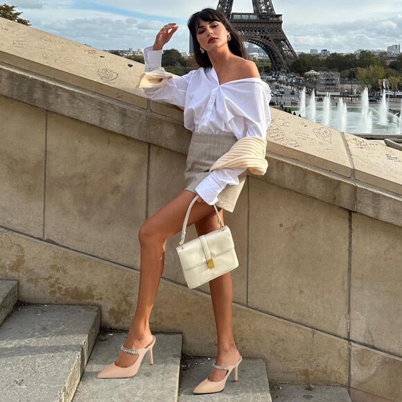 Women's Heeled Mules Rhinestone Strappy Pointed Toe Mules Stiletto High Heels - Picture 3 of 8